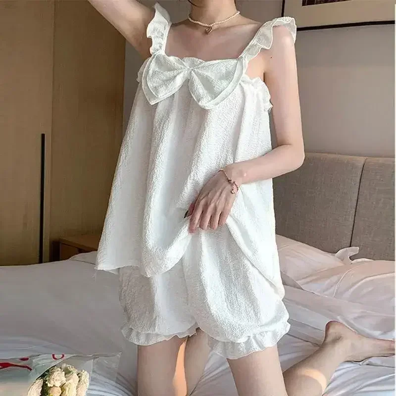 

White Pajama Sets Kawaii Sleepwear Sleeveless Top Shorts Korean Princess Style Women's Summer Girls Two Piece Sets Pijama Mujer