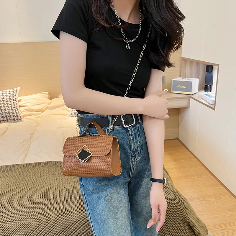 Women\'s Bag Square Block Lock Buckle Single Shoulder Square  Chain Stripe Embossed Casual Simple Handheld Diagonal Straddle Bag