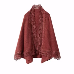 New Fashion 100% Australian Wool Knit Cardigan Shawl All-Season Women's Elegant Lace Soft Sweater Female Folded Wear Shawl Tops