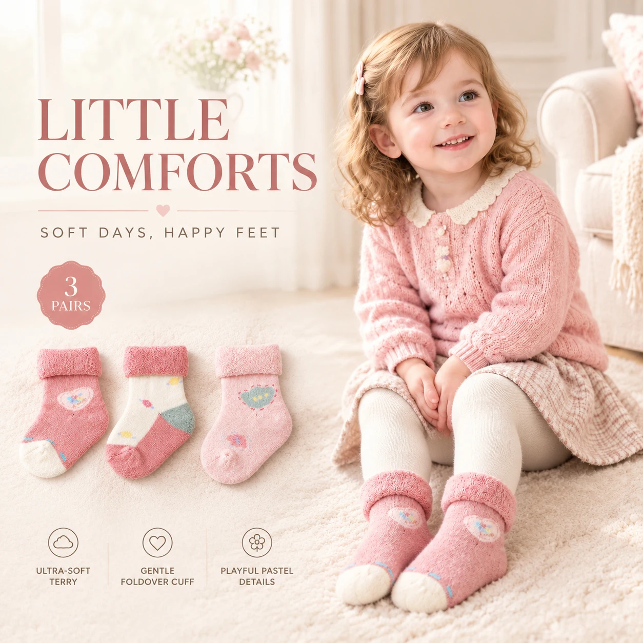 3 Pairs Baby Girls Winter Thick Terry Socks Cute Heart Pattern Soft Foldover Cuff Warm Socks for Infant Toddler 0-3 Years