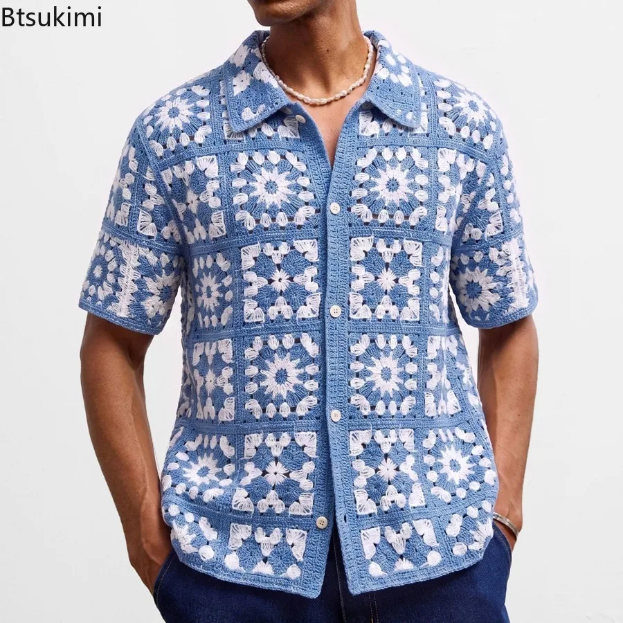 New Men's Checkered Crochet Hollow Out Polo Shirts Summer Breathable Short Sleeve Casual Cardigan Tops Retro Knitwear Man Shirts