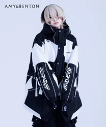 Japanese Mine Mass-Produced Gothic Patchwork Thicken Hooded Jackets for Women 2024 New Harajuku Street Y2K Oversized Jackets