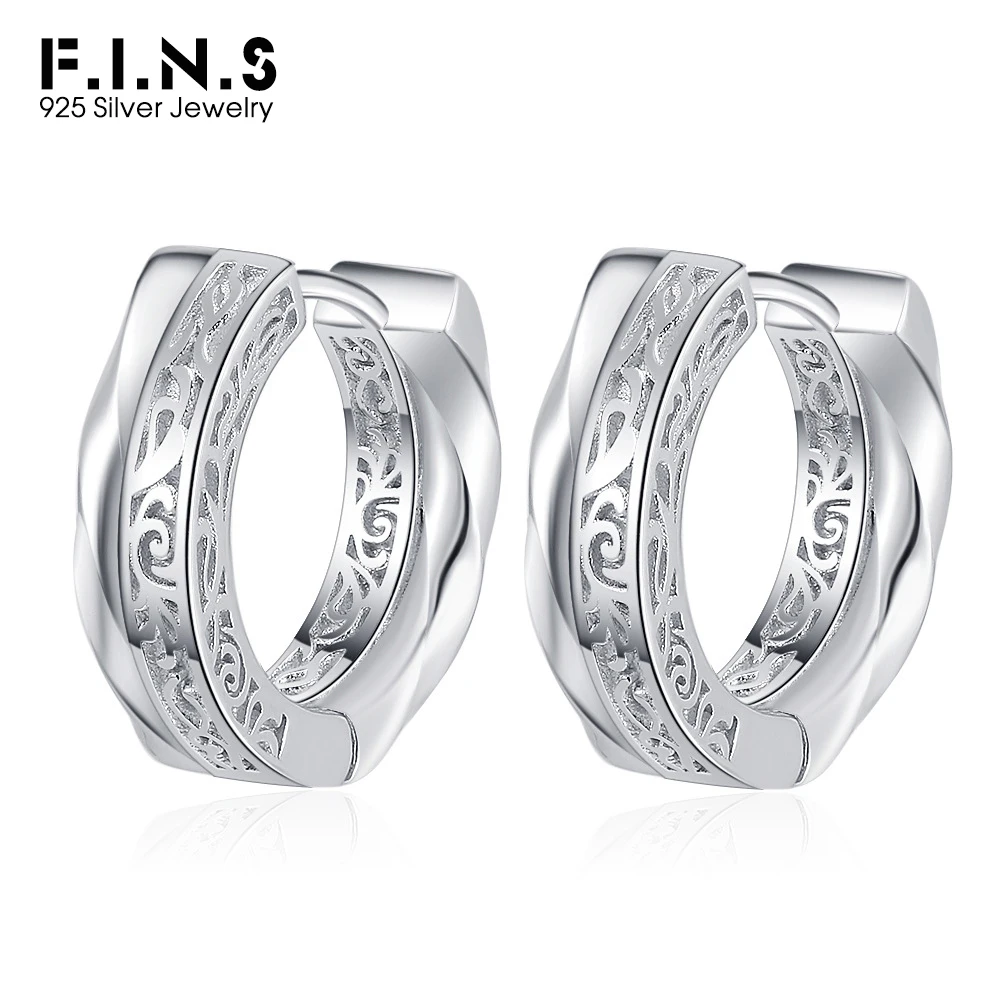 F.I.N.S Embossed S925 Sterling Silver Hoop Earrings Texture Carved Flower Geometric Round Piercing Ear Buckles Fine Jewelry