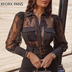 Blouse Sexy en Dentelle pour Femme, Couleur Unie, Manches Lanterne, lèvent et Poches, Déco Noire