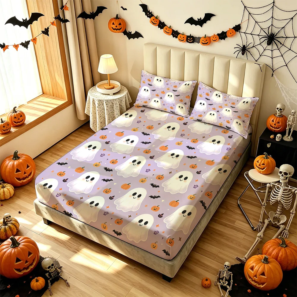 3PCS Ghost Pumpkin Bat Halloween Duvet Cover Set 1 Duvet Cover 2 Pillowcases Soft Washable For Bedroom Festival Home Decor