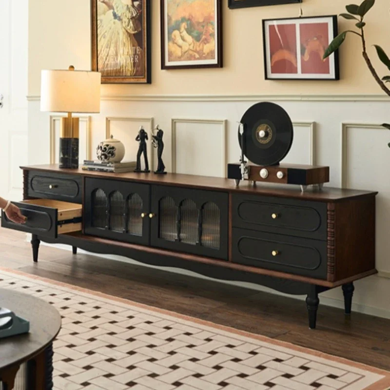 French Vintage Solid Wood TV Stand, Storage Side Cabinet With Glass Doors Multi‑Drawers for Living Room Home Furniture