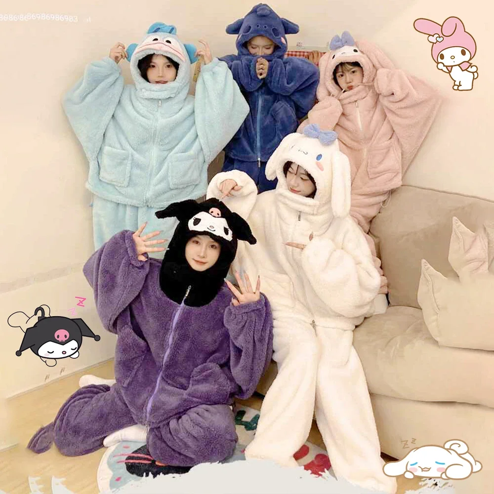 Sanrio Kawaii Kuromi Cinnamoroll Plush Pajamas Suit Anime My Melody Thickened Women Nightgown Winter Warm Homewear Tops Pants