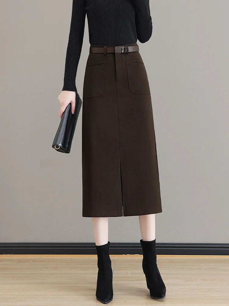

High Waist Midi Woolen Skirt for Women Autumn Winter New Style Elegant Open Slit Slimming Wrap around Skirt Korean Style