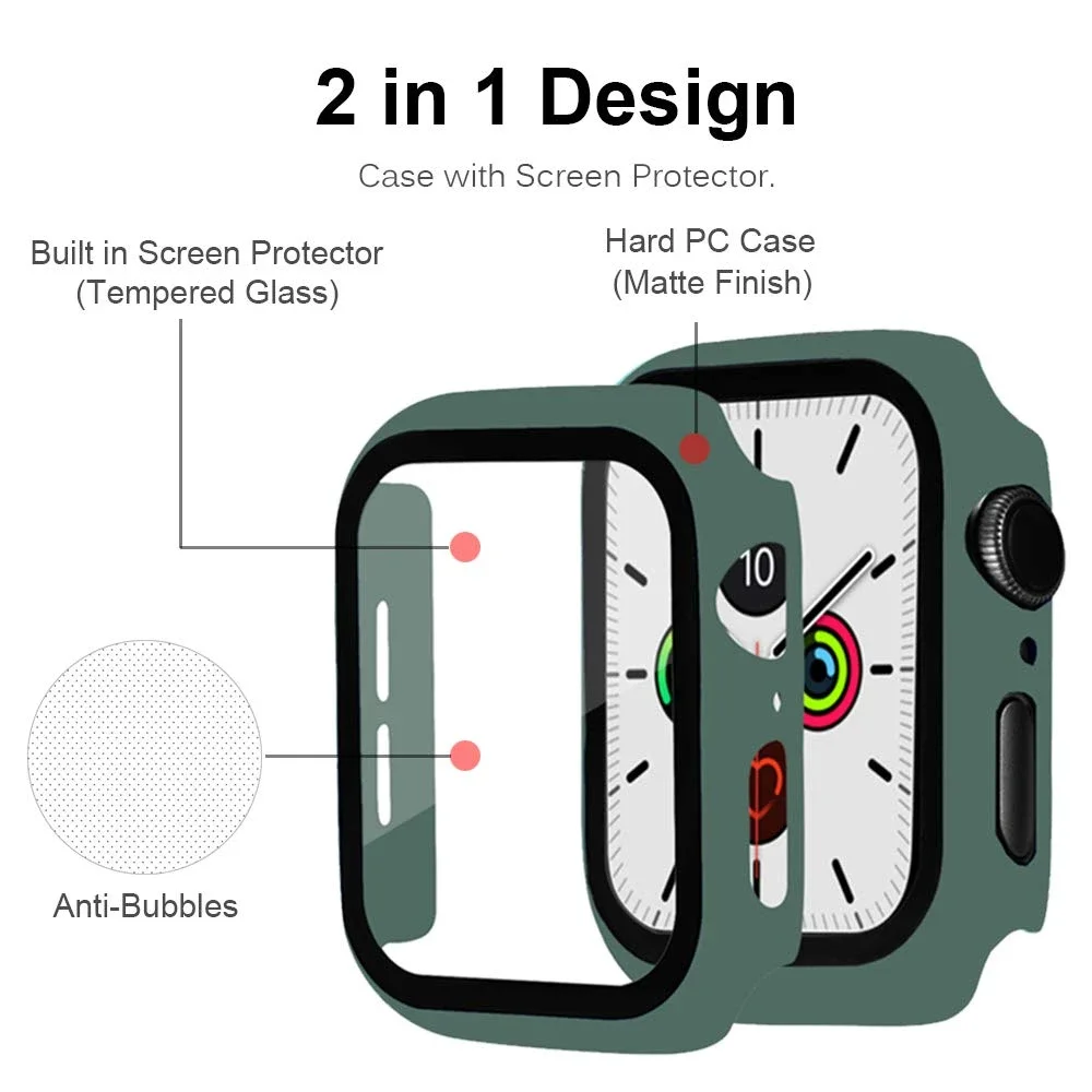 Film de verre pour boîtier Apple Watch, coque PC, pare-chocs, protecteur d'écran, couvercle, iWatch Series 9, 8, 7, 6, 5, 4, 3, SE, 45mm, 41mm, 44mm, 40mm, 42mm