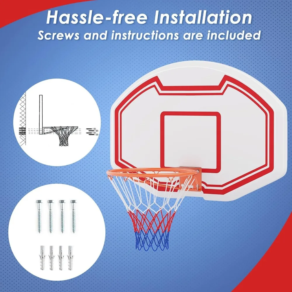 Canestro da basket per interni ed esterni con tabellone infrangibile 36 x 24, 18 cerchi e rete antistrappo per montaggio a parete di grandi dimensioni