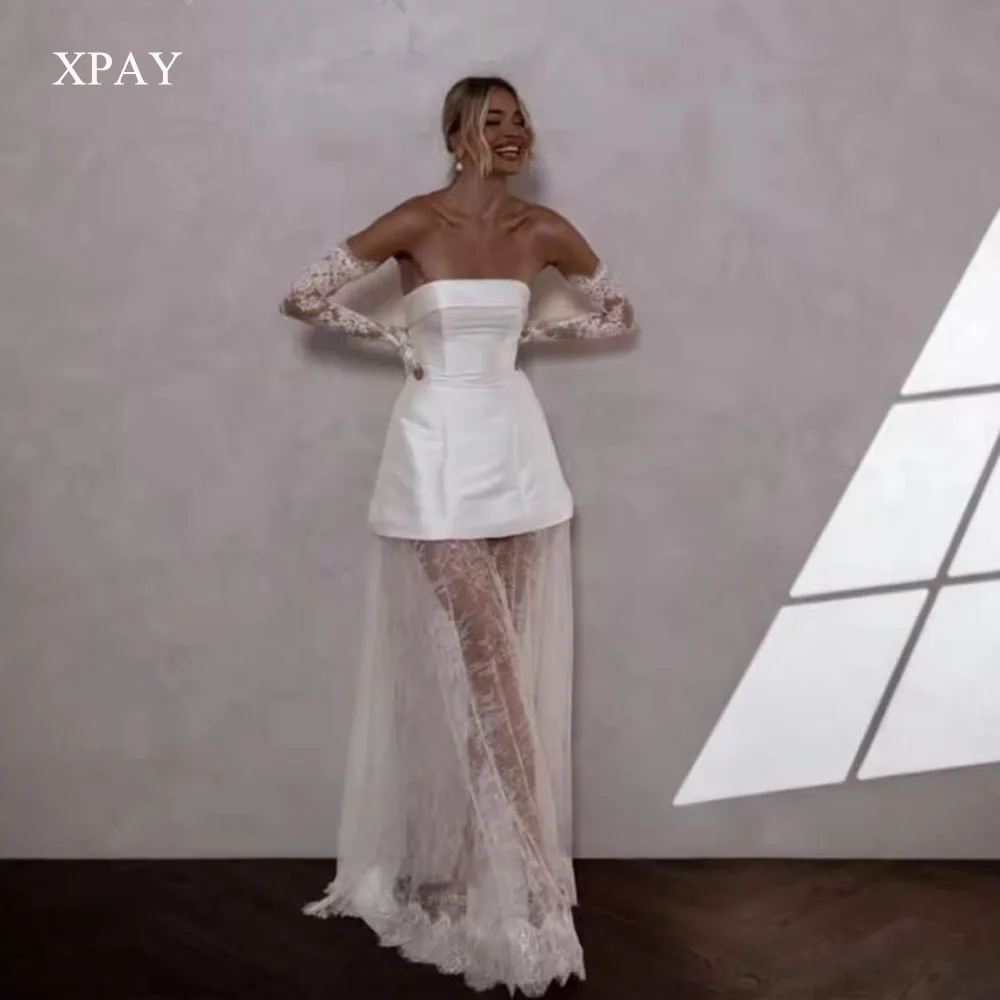 XPAY 2025 Strapless สีขาวซาตินงานแต่งงานชุดลูกไม้ยาวที่ถอดออกได้รถไฟแขน vestidos de novia ซิปด้านหลังอย่างเป็นทางการที่กําหนดเอง