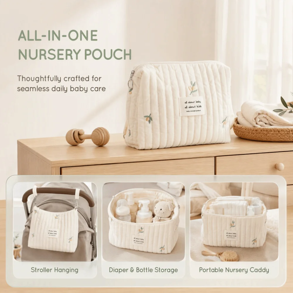 Stylish Quilted Cotton Diaper Tote Bag Lightweight Reusable Stroller Bag Diaper Storage Bag Outdoor Use