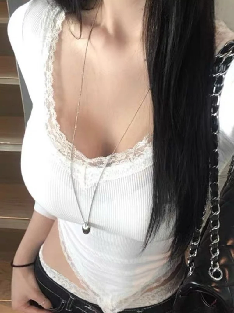 Dongda Gate New PY160 Recommended Pure Desire Lace V-neck Irregular Short Long Sleeve T-shirt Women Sexy Style High Waist