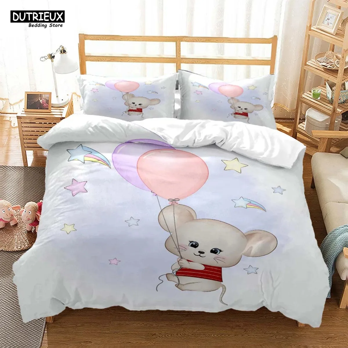 Cute Cartoon Mouse Print Bed Three Piece Set Soft And Comfortable King Size Bedding Set  Comforter Bedding Sets