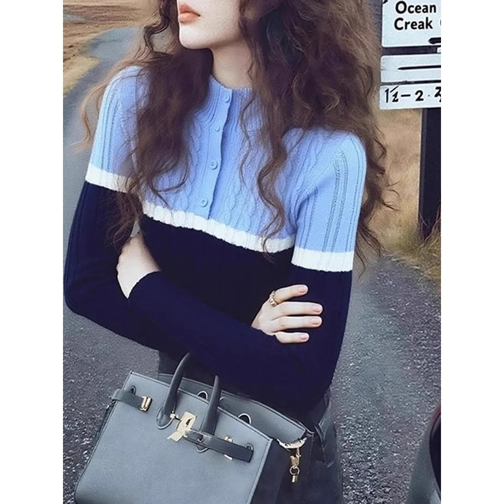 Fashion Blue Patchwork Knitted Top Women Slim Casual Base Bottoming Top Jumper Pullover