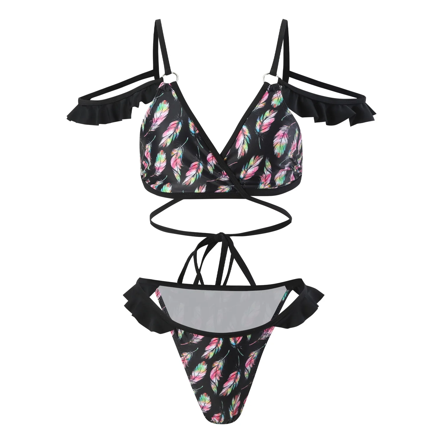 

Sexy Feather Print Bikini Set Ruffle Trim Cutout Swimsuit for Women Halter Neck Two Piece Beach Pool Party