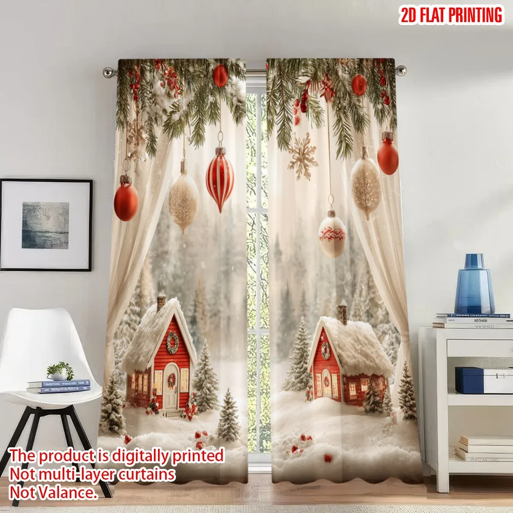 

2pcs 2D flat printing Classic Christmas Curtains Cozy Winter Village Christmas Scene Digital Printed Polyester Drapes Family