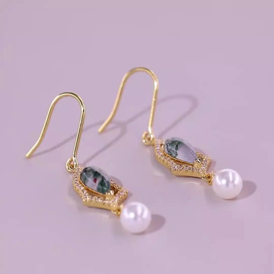 

925 Silver Natural Moss Agate Dangle Earrings for Women Pear Drop Earring Trendy Wedding Gifts Fine Jewelry