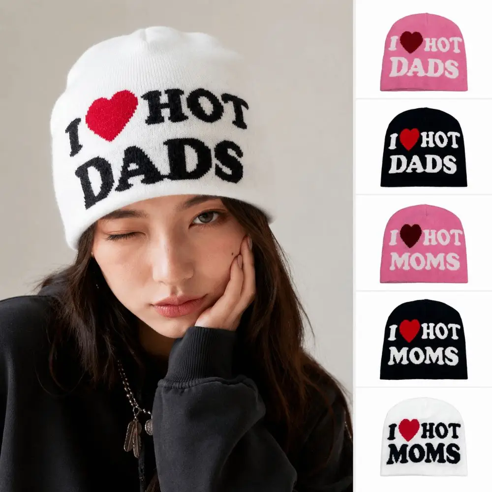 Retro I Love Hot Moms/dads Printed Knitted Hats Cold Proof Casual Beanie Caps Windproof Pullover Hat Unisex