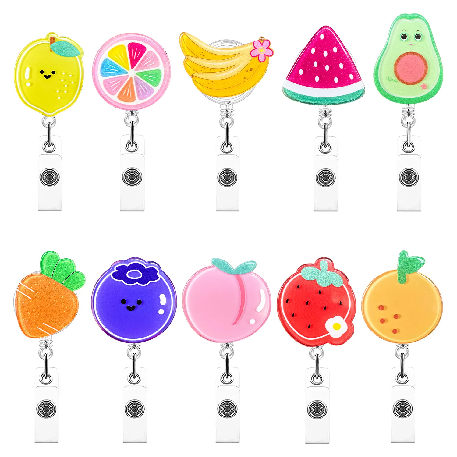 New Arrival 1 Piece Glitter Acrylic Anime Fruits Strawberry Avocado Retractable Nurse Badge Reel Teacher Doctor ID Card Holder