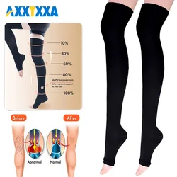 1 Pair Medical Open Toe Thigh High Compression Stockings with Silicone Band for Women & Men, Firm 20-30 mmHg Graduated Support