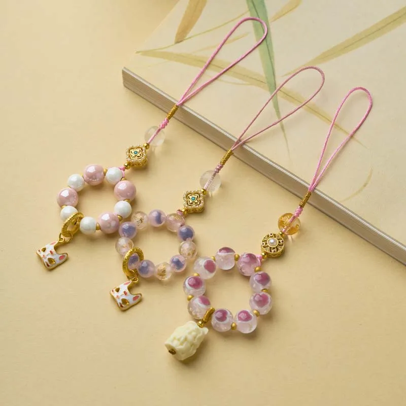 Pink Glazed Earthenware Mobile Phone Chain. Heart-shaped Gold Foil Glass Fox Mask Pendant. Glass Pendant For Car Decoration