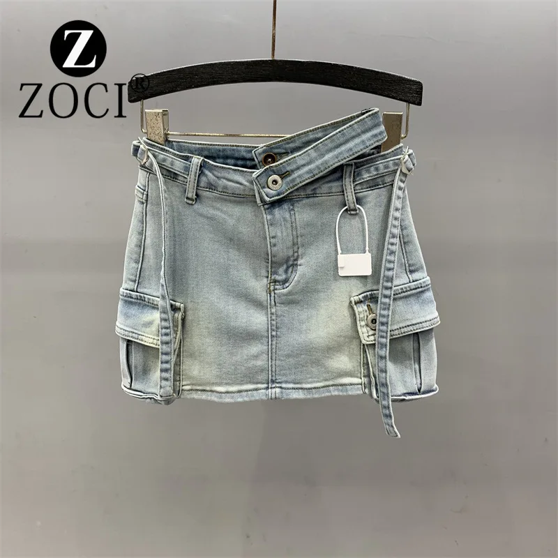 

[ZOCI] Korean Version Waist Hollow Denim Short Skirt 2024 New Item Versatile Pocket Elastic Workwear Bag Hip