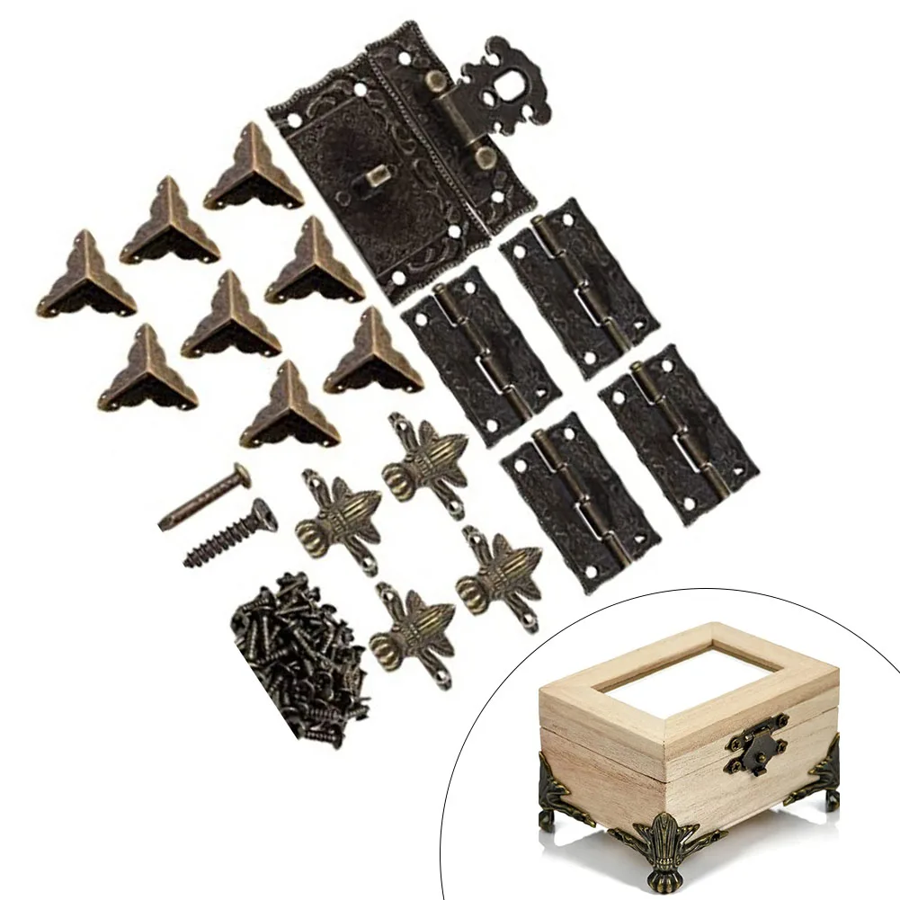 17-Piece Wooden Box Hardware Kit Featuring Cabinet Hinges Latch Hasp Wrap Corners and Corner Protectors for Storage Boxes