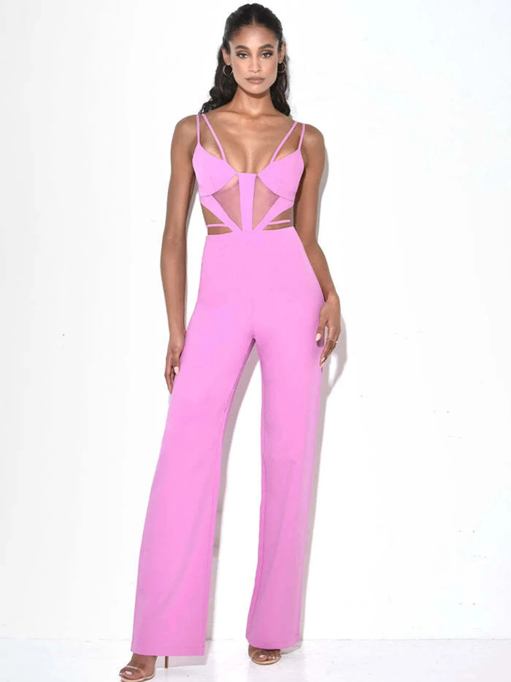 Women\'s Sexy V Neck Hollow Out Pink Bodycon Bandage Jumpsuit 2024 Summer Celebrity Designer High Street Rompers