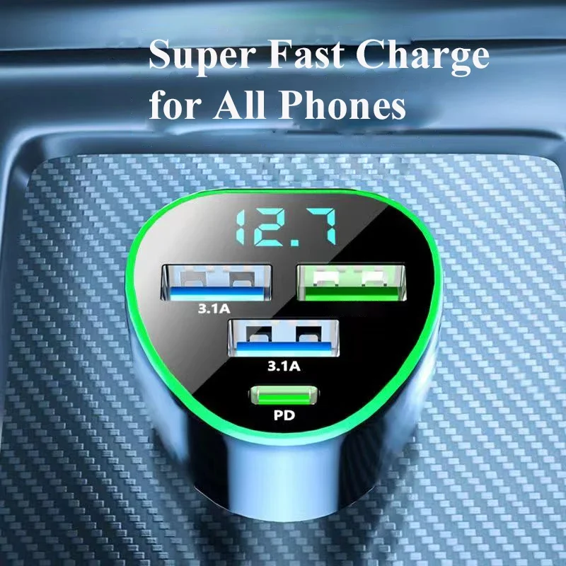 Car Phone Charger USB Type C Super Fast Charge in Car with LED Voltage Monitor for iPhone Samsung Huawei Oneplus Vivo Oppo