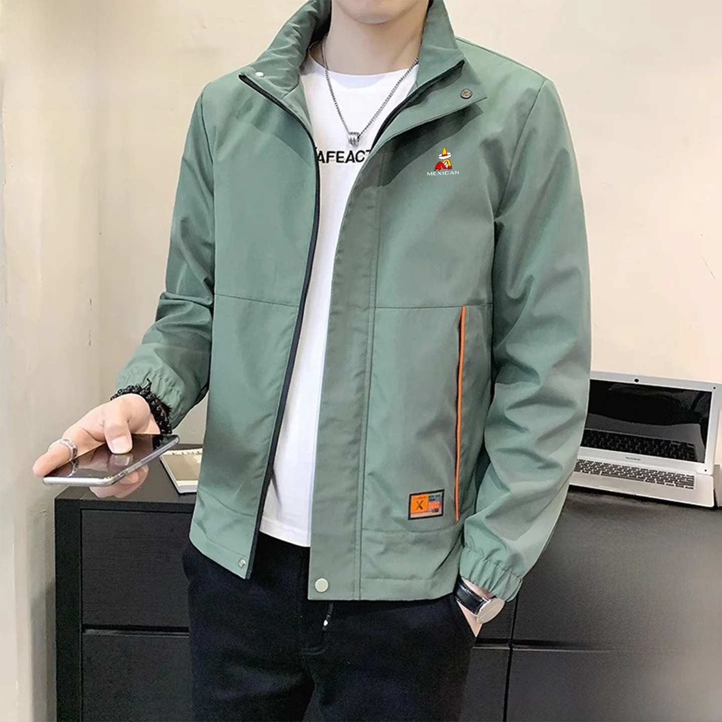

Loose Fit Casual Men's Jaet Outerwear St Man Spring Autumn Stand Collar Windproof Fce Lined Chinese Sle Coat
