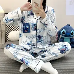 Stitch winter ice silk long-sleeved cartoon pajamas cardigan loose Disney new two-piece set women's pajamas loungewear set