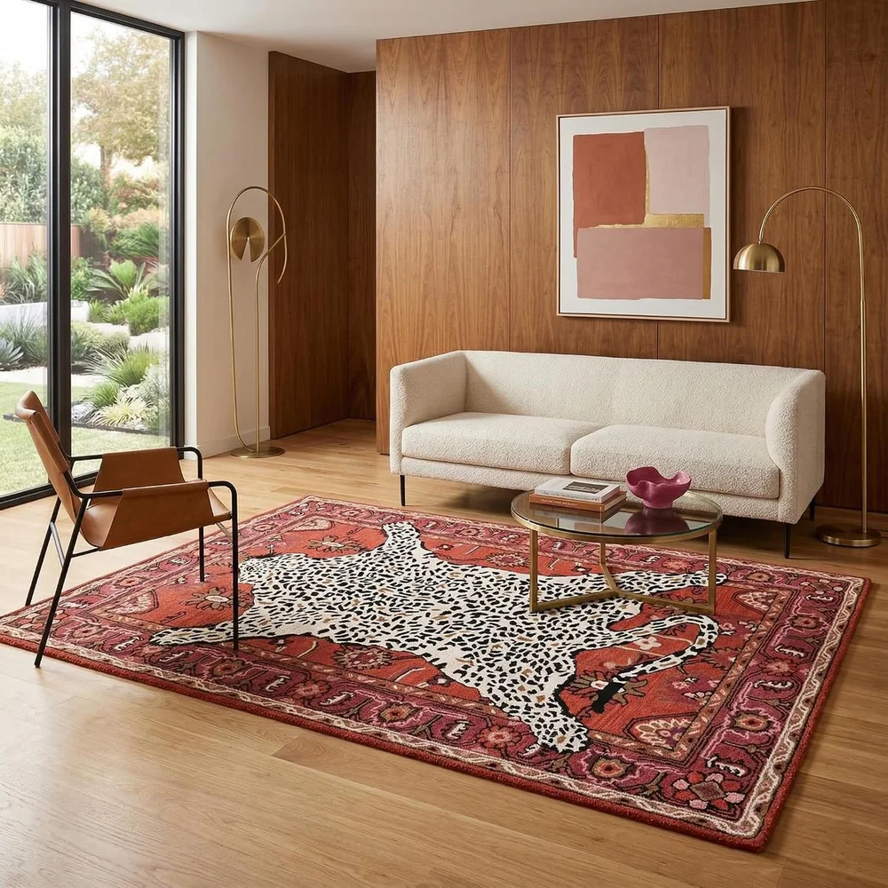Extra Large Rust Leopard Wool Washable Area Rug Vintage Oushak Non Slip Thick Indoor Carpet for Living Room Bedroom