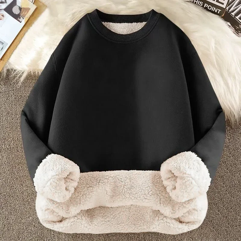 Men Women Winter Thicken Warm Lambswool Sweatshirts Solid Drop Shoulder Round Neck Top Plush Thermal Windproof Fleece Pullover