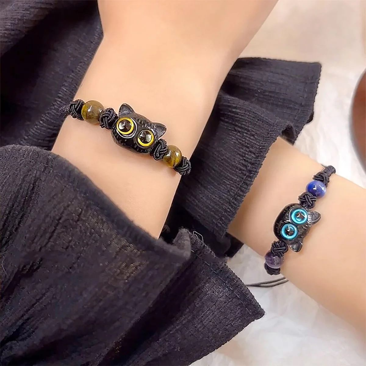 Cute Cat Adjustable Bracelet for Children Imitation Wood Crystal Braided Fashion Jewelry Trendy Cat Accessory for Friends