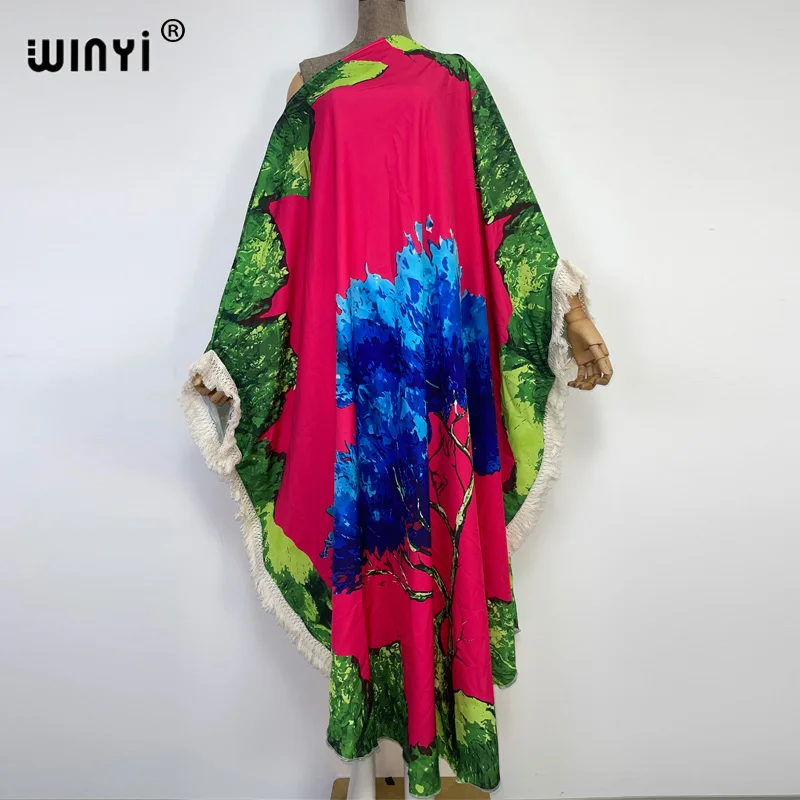 2022 WINYI beach boho dress pink Print Bohemia Loose Elegant Muslim Beachwear Robe Round Bathing Suit Cover Up Summer kaftan