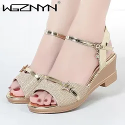 2024 NEW Gold Open Toe Sandalias Feminino Buckle Summer Fashion Ladies High Heel Sandal Square Heel Solid Color Ladies Footwear
