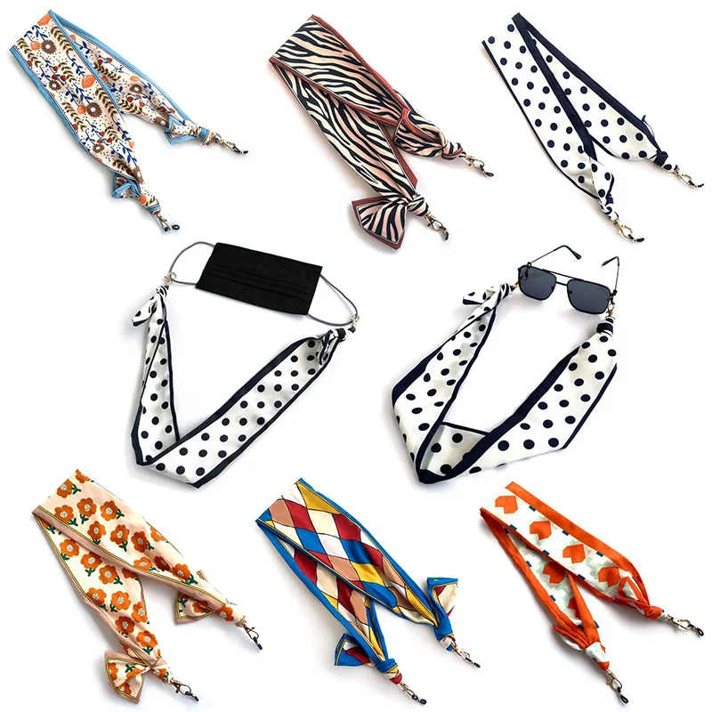 Color Nylon Rope Printing Silk Scarf Sunglasses Windproof Mask Chain Lanyard Plaid Fabric Splicing Glasses Chain Neck Strap