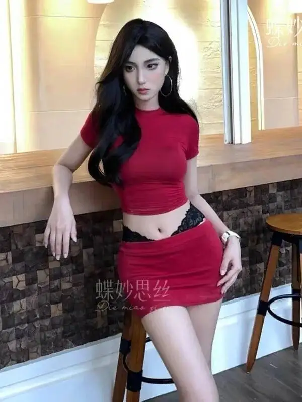 Butterfly Sexy Bodycon Skirt Sets Pure Desire Round Neck Short Sleeved Red Skirt Sets Charming Nightclub Style Thin Playful ZXUM