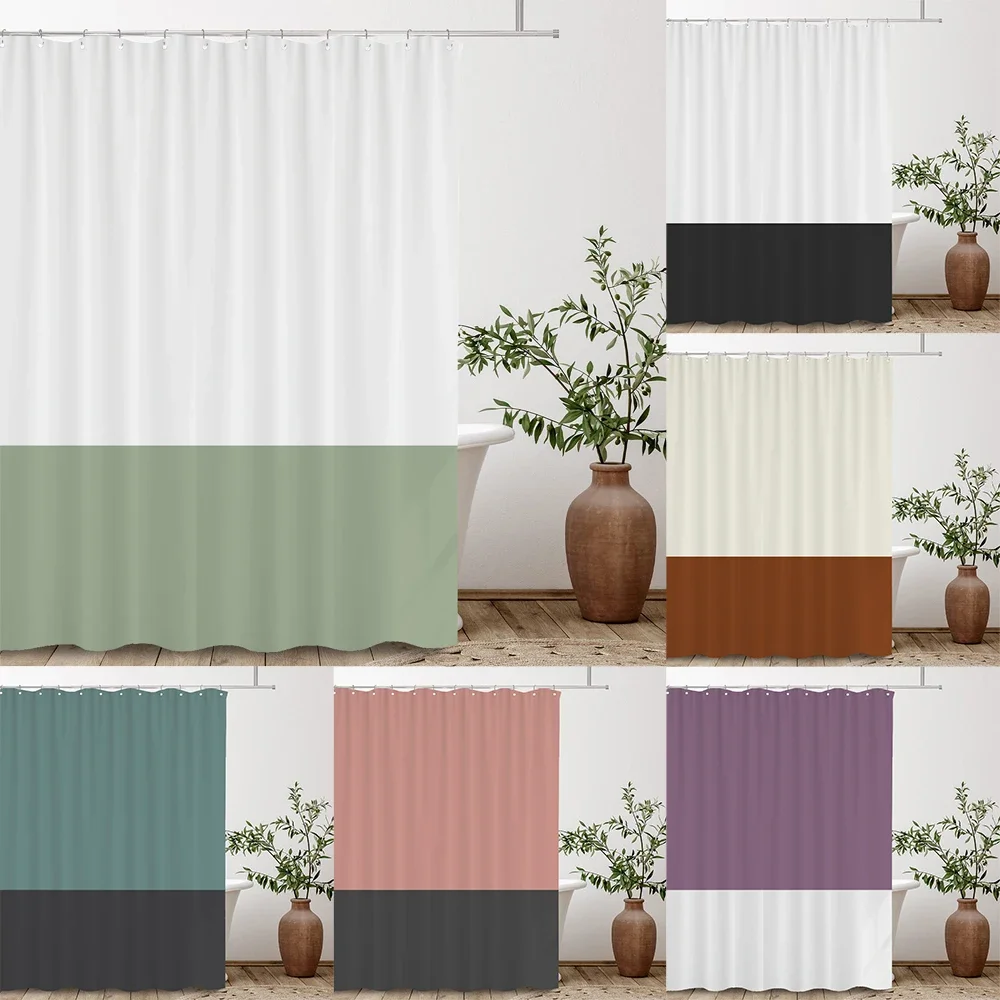 White Green 2 Various colors Splicing Shower Curtain, Texture Fabric Bathroom Decor Waterproof Fabric Shower Curtian with Hooks