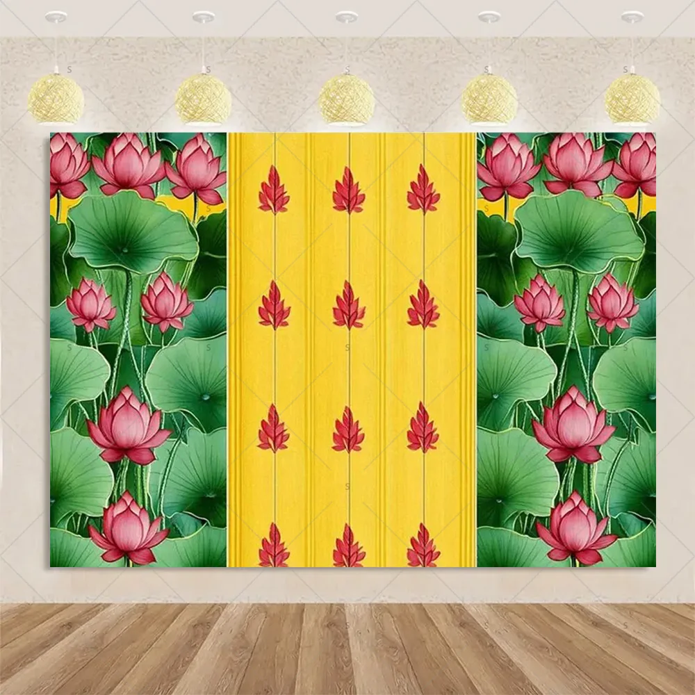 Indian Temple Theme Lotus Goat God Marigold Background Customized Festival Celebration Party Decoration Banner Photography Props