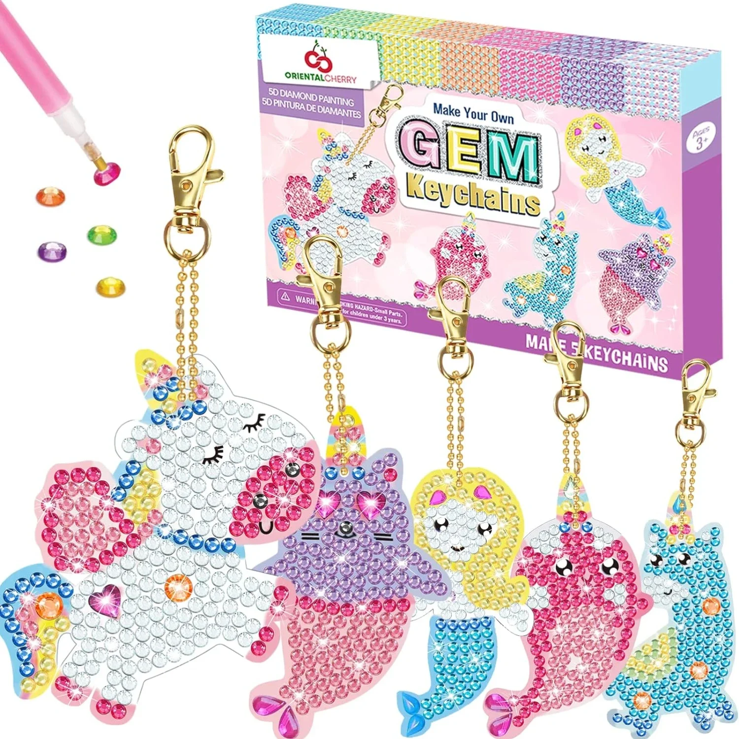 GEM Keychains - 5D Diamond Painting By Numbers Art Kits Girls Kids Toddler Ages 3-8 Easter Basket Stuffers Valentines Gifts