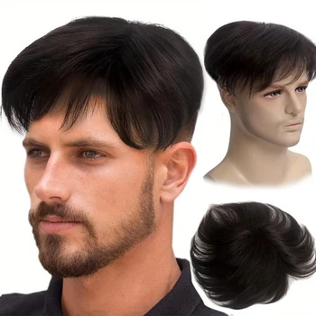 Men Short Human hair Toppers Hairpiece Hair Extensions (Natural Black) for Covering White Loss Hair Toupee