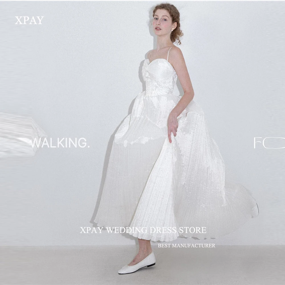 

XPAY Shiny Spaghetti Strapps Korea Wedding Dresses A Line Sweetheart Ankle Length Bridal Gowns Mariage Formal Bride Party Dress