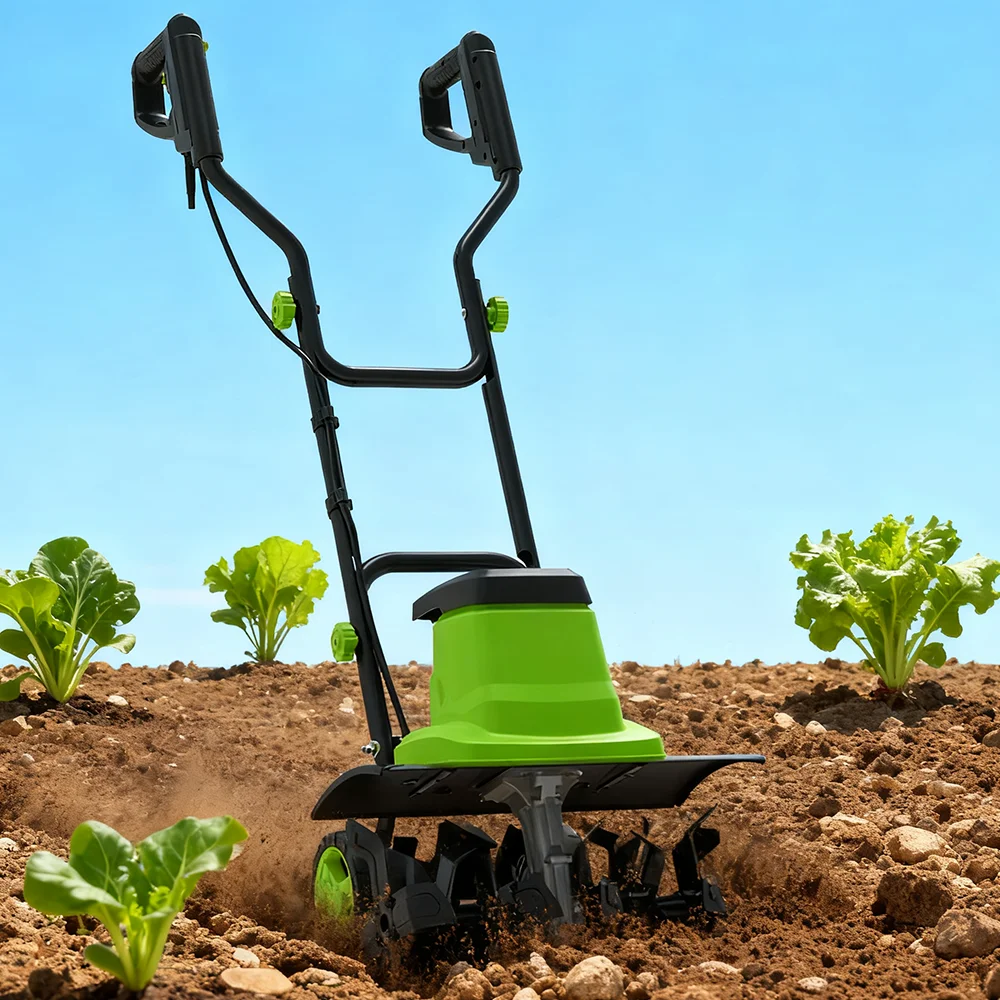 Vertak 1350W حفار كهربائي للحديقة، عرض محراث 380 مم مع 16 شفرات فولاذية محمولة لزراعة التربة لألواح الخضروات المنزلية