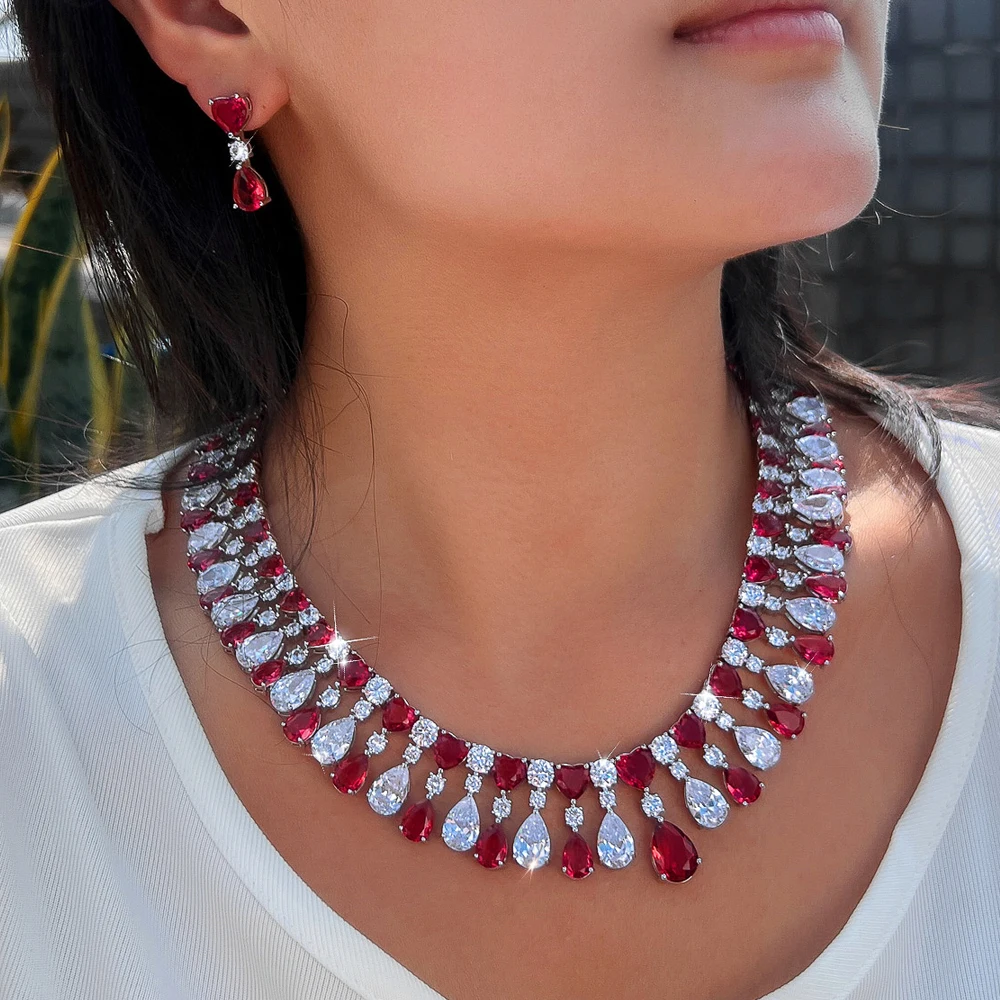 

ThreeGraces Роскошный уникальный красный сердце с кубическим цирконием, винтажный комплект ювелирных изделий с кисточками и каплями воды для свадьбы и вечеринки для женщин T1108