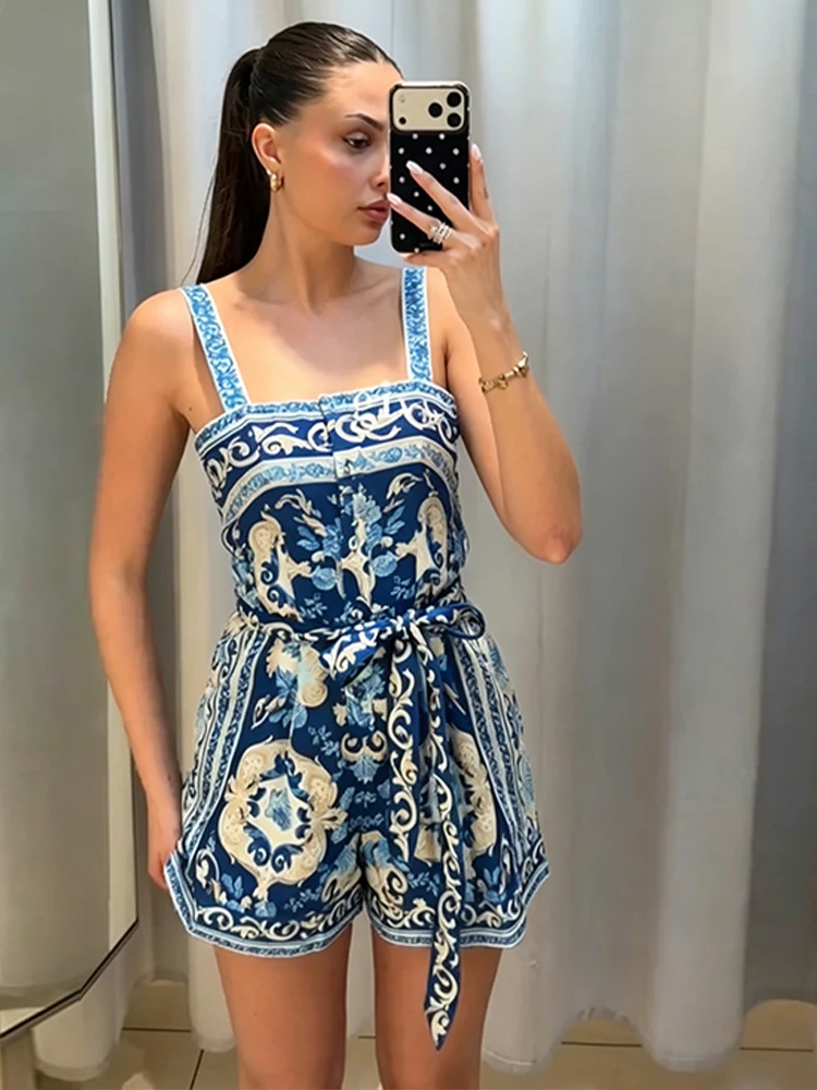 Blue And White Porcelain Printed Female Bodysuit Single Breasted Belt Slim Suspender Short Pant Summer Lady One-piece Top 2026