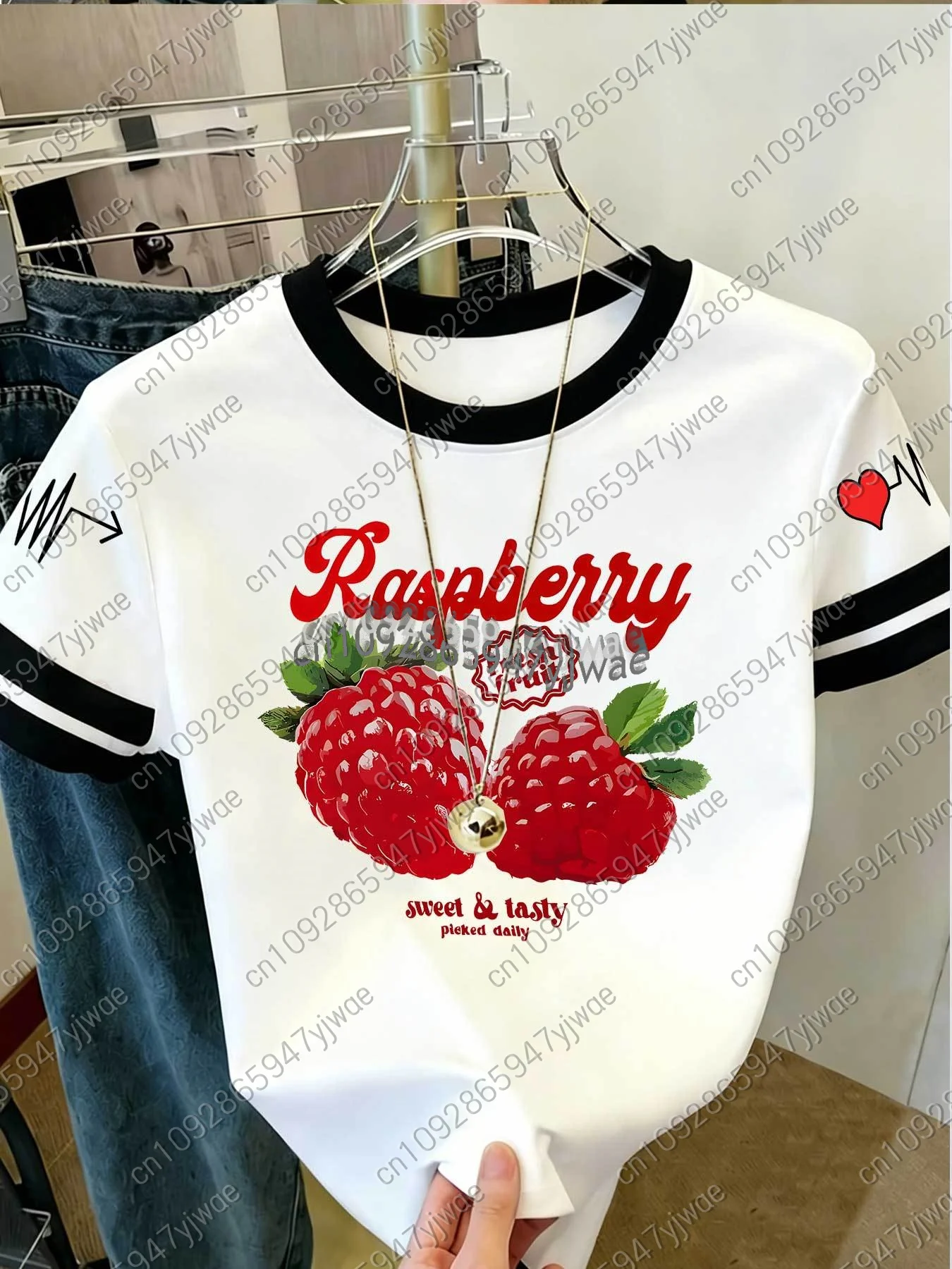 2026 Damen Kurzarm Colorblock T-Shirt mit Himbeer-Print im Y2K-Stil, Rundhals-Oberteil für Outdoor-Sport, Erwachsenen-Damen-T-Shirt – Detail 7