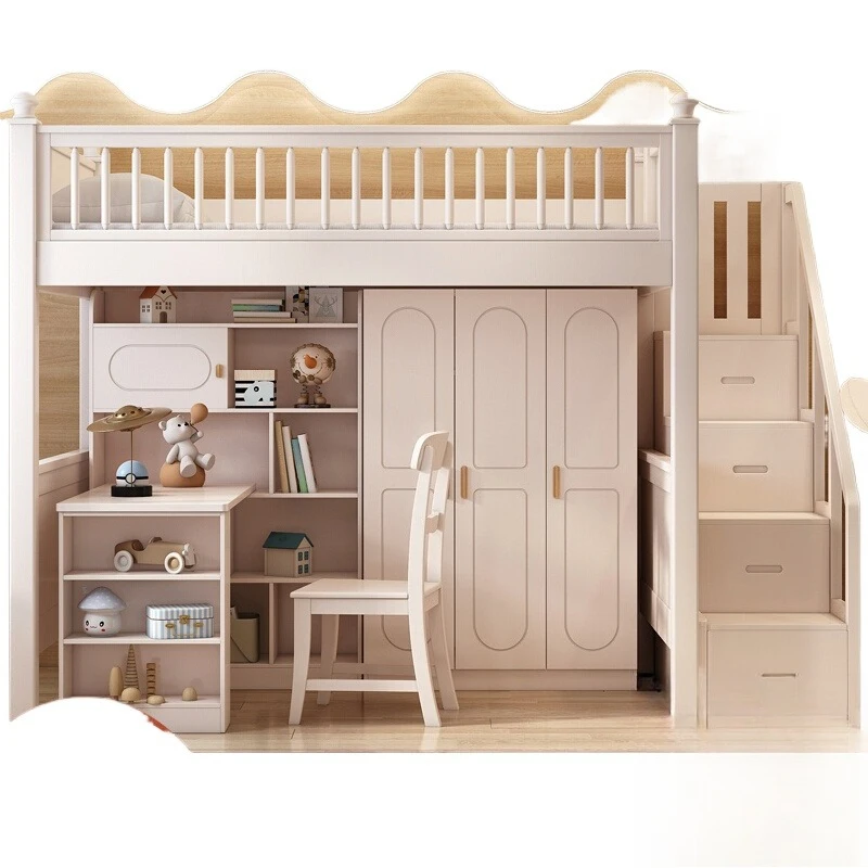 

All solid wood children's bed on the bed and off the table integrated elevated slide wardrobe staggered on and off the bed