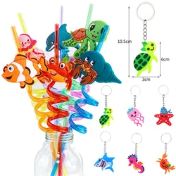 Sea Animals Plastic Drinking Straws Turtle Crab Shark Ocean Animals Keychain Under the Sea Themed Birthday Party Favor Supplies